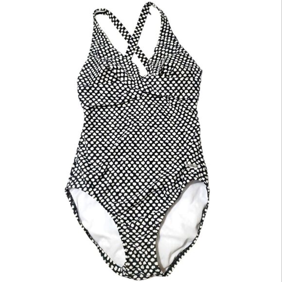 Speedo Black with White Polka Dots One Piece Swimsuit 10 - Picture 1 of 6